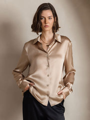 Women's champagne 19Momme mulberry silk long sleeve lapel collar shirt.