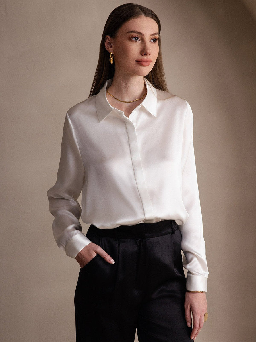 White 19 Momme mulberry silk long sleeve lapel collar women's shirt.