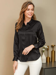 Black 19Momme mulberry silk long sleeve lapel collar women's shirt, shown on a model.