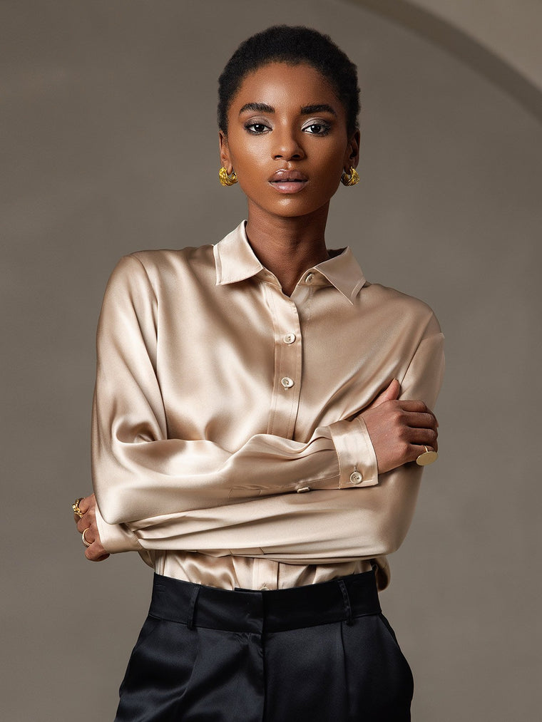 Champagne 19Momme mulberry silk long sleeve lapel collar women's shirt.