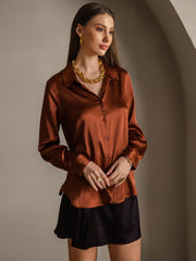 Women's 19 Momme mulberry silk long sleeve lapel collar shirt in rich brown with button-up design.
