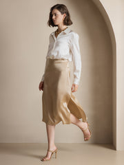Women's white 19Momme mulberry silk long-sleeve lapel collar shirt with button-up design.