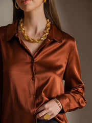 Women's 19Momme mulberry silk long sleeve lapel collar shirt in a rich brown color with button-up design.