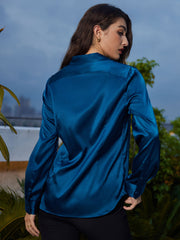 Women's teal blue 19Momme mulberry silk long sleeve lapel collar button-up shirt.