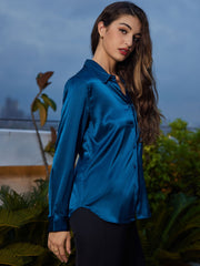 Women's teal 19Momme mulberry silk long-sleeve lapel collar shirt with button-up design.