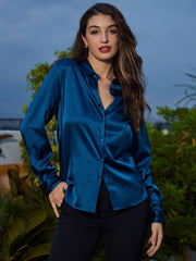 Women's 19Momme mulberry silk long sleeve lapel collar shirt in a rich teal blue with button-up design.