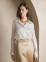 White 19Momme mulberry silk long sleeve lapel collar women's shirt with button-up design.