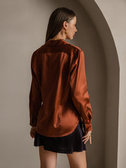 Women's brown 19Momme mulberry silk long sleeve lapel collar shirt with button-up design.