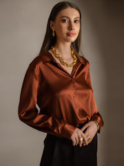 Women's 19 Momme mulberry silk long sleeve lapel collar shirt in rich brown with button-up design.