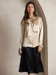 Champagne 19Momme mulberry silk long sleeve tie neck blouse, size S(6).