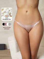 Pale mauve 19Momme mulberry silk low-waist string brief panty, shown on a model.