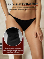 Black 19Momme mulberry silk low-waist string brief panty with pure silk gusset for comfort.