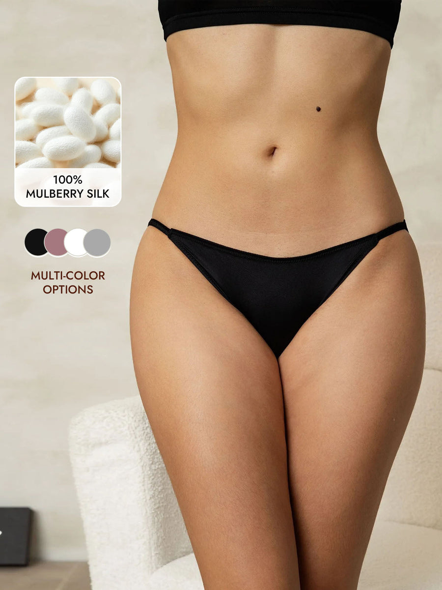 Black 19Momme mulberry silk low-waist string brief panty, shown on a model.