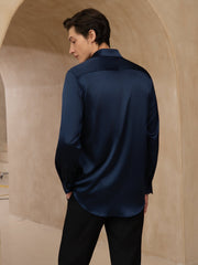 Men's navy blue 19 Momme mulberry silk long sleeve lapel collar classic business shirt.