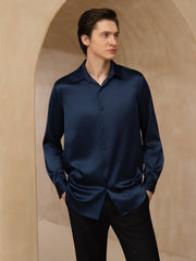 Men's navy blue 19 Momme mulberry silk long sleeve lapel collar business shirt.