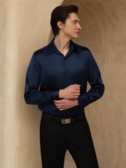 Men's navy blue 19 Momme mulberry silk long sleeve lapel collar business shirt.