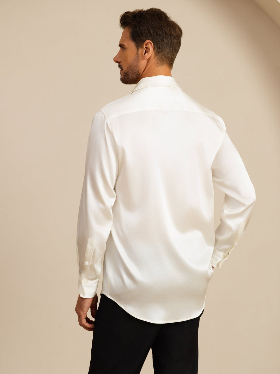 Men's white mulberry silk long sleeve lapel collar classic business shirt.