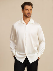 Men's white 19 Momme mulberry silk long sleeve lapel collar business shirt.