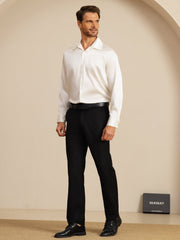 Men's white mulberry silk long-sleeve lapel collar business shirt.