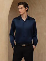 Men's dark blue 19 Momme mulberry silk long sleeve lapel collar classic business shirt.