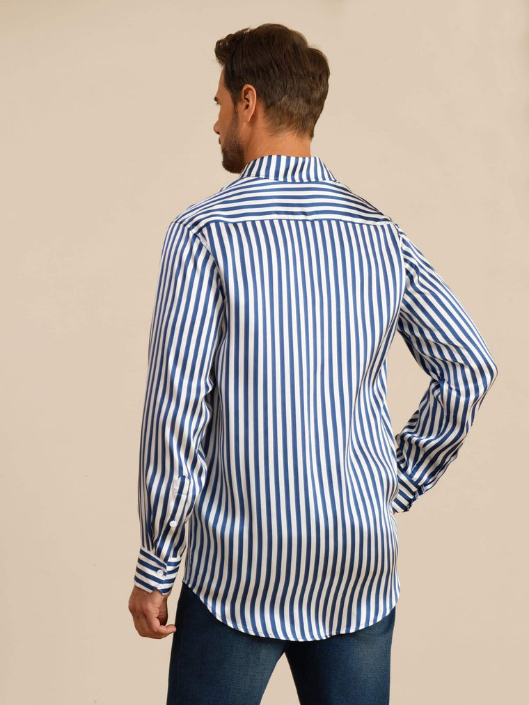 Men's 19Momme mulberry silk long sleeve shirt with blue and white stripe print, lapel collar.