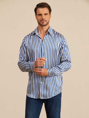 Men's 19 Momme mulberry silk long sleeve shirt with blue and white stripe print, lapel collar.