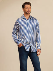 Men's 19Momme mulberry silk long sleeve shirt with blue and white stripe print, lapel collar.