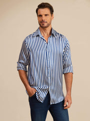 Men's 19Momme mulberry silk long sleeve shirt with blue and white stripe print, lapel collar.