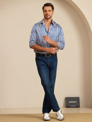 Men's 19Momme mulberry silk long sleeve lapel collar shirt with blue and white stripe print.