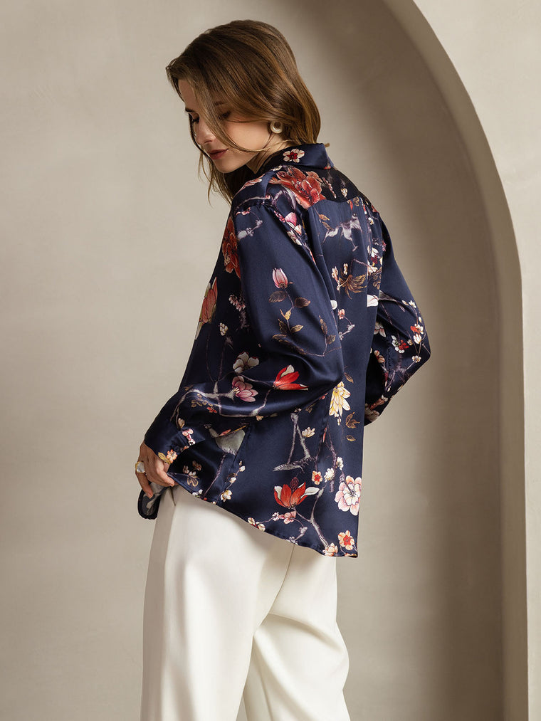 Women's navy mulberry silk floral print long sleeve lapel collar shirt.
