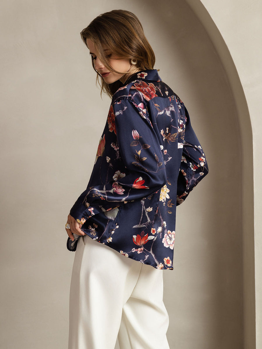 Women's navy mulberry silk floral print long sleeve lapel collar shirt.
