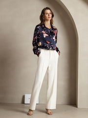 Women's 19Momme mulberry silk navy floral print long sleeve lapel collar shirt.