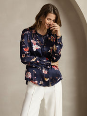 Navy floral print 19 Momme mulberry silk long sleeve lapel collar women's shirt.