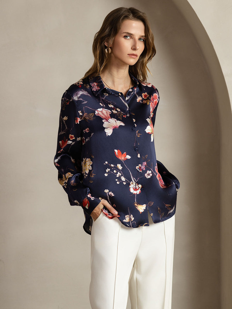 Navy floral print 19Momme mulberry silk long sleeve lapel collar women's shirt.