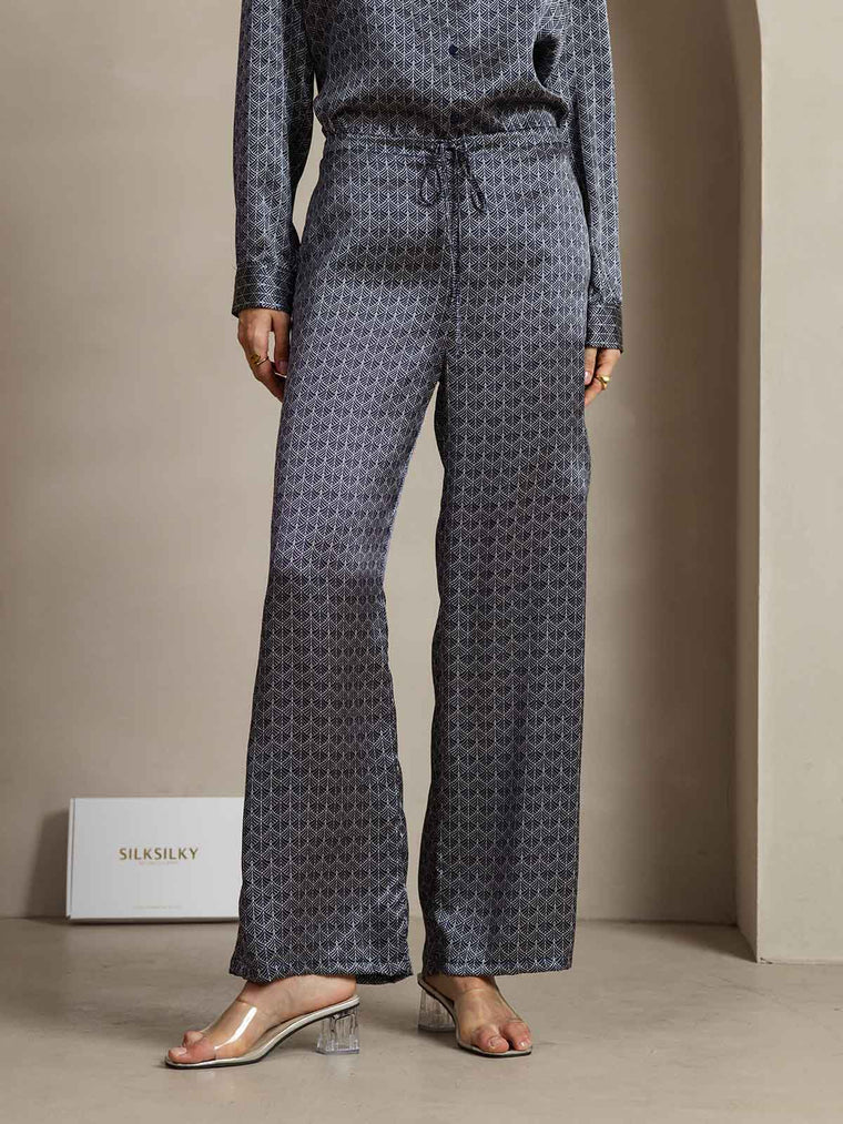 Navy ginkgo print 19Momme mulberry silk wide-leg women's pants with side pockets.