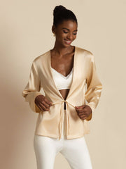 Women's champagne 19Momme mulberry silk relaxed long sleeve tie-front cardigan.