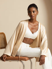 Women's champagne 19Momme mulberry silk relaxed long sleeve tie-front cardigan.