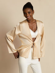 Women's champagne 19 Momme mulberry silk relaxed long sleeve tie-front cardigan.
