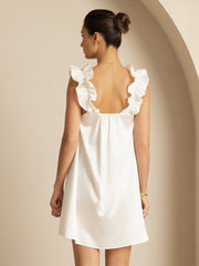 White mulberry silk babydoll nightgown with ruffle straps and square neck, A-line short style.