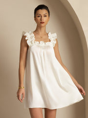 White 19Momme mulberry silk ruffle strap square neck babydoll A-line short nightgown.