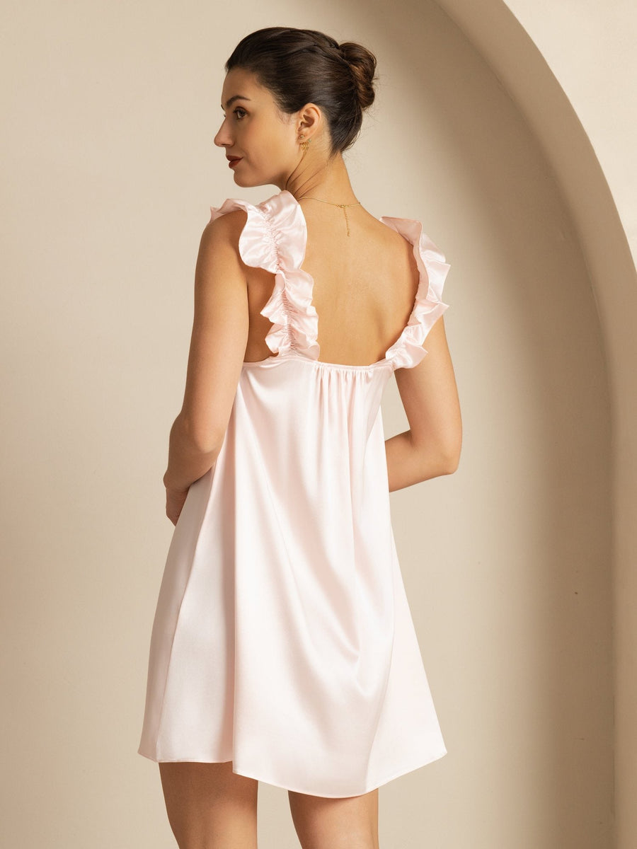 Pink mulberry silk babydoll nightgown with ruffle straps and square neck.