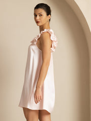 Women's pink mulberry silk babydoll nightgown with ruffle straps and square neck.