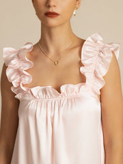 Pink mulberry silk babydoll nightgown with ruffle straps and square neck.