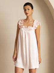 Light pink 19 Momme mulberry silk babydoll nightgown with ruffle straps and square neck.