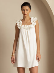 White 19Momme mulberry silk ruffle strap square neck babydoll A-line short nightgown for women.