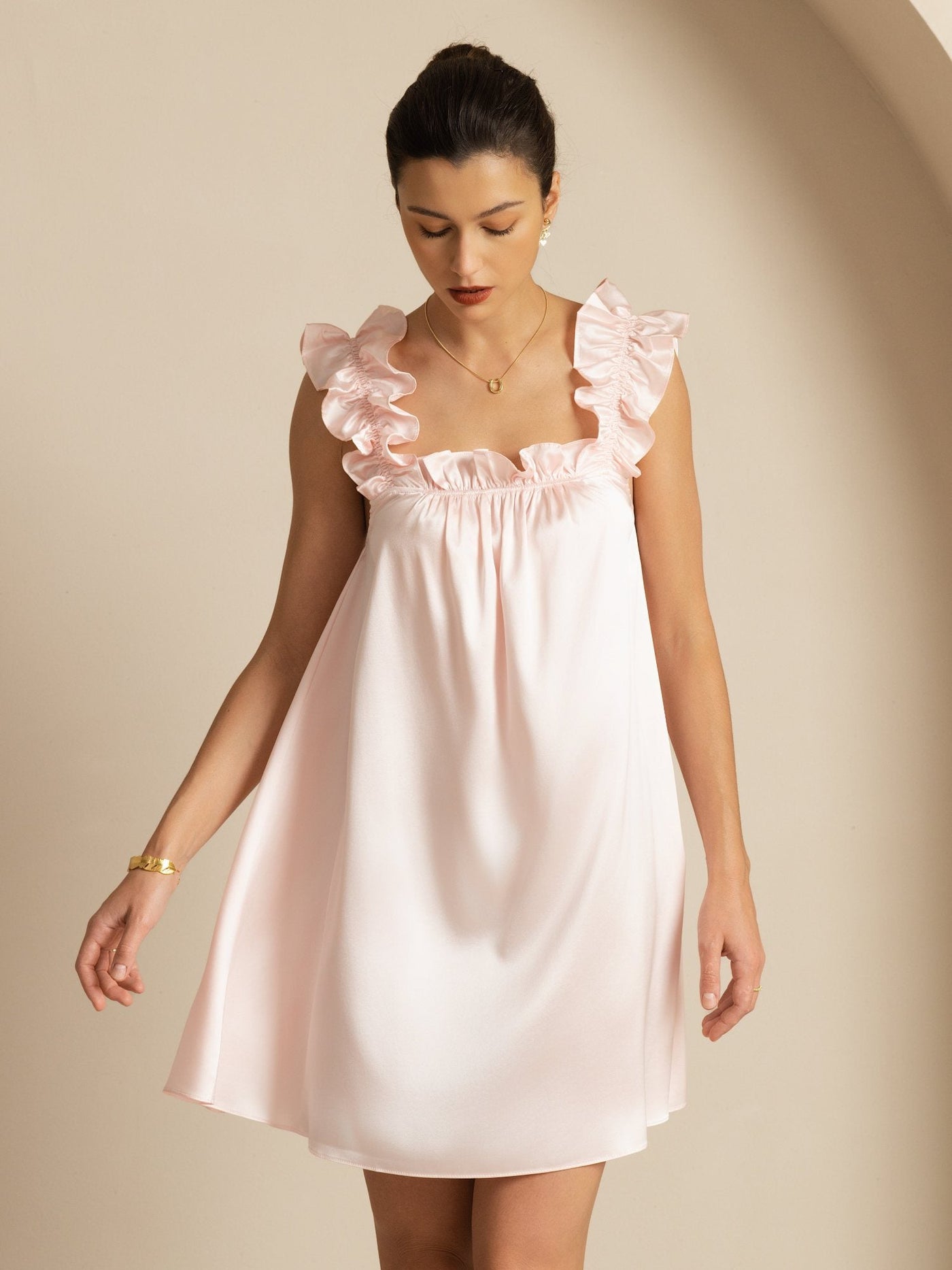 Pink mulberry silk ruffle strap babydoll nightgown.
