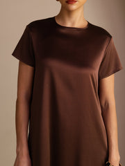 Brown 19Momme mulberry silk short sleeve crew neck midi dress with side pockets.