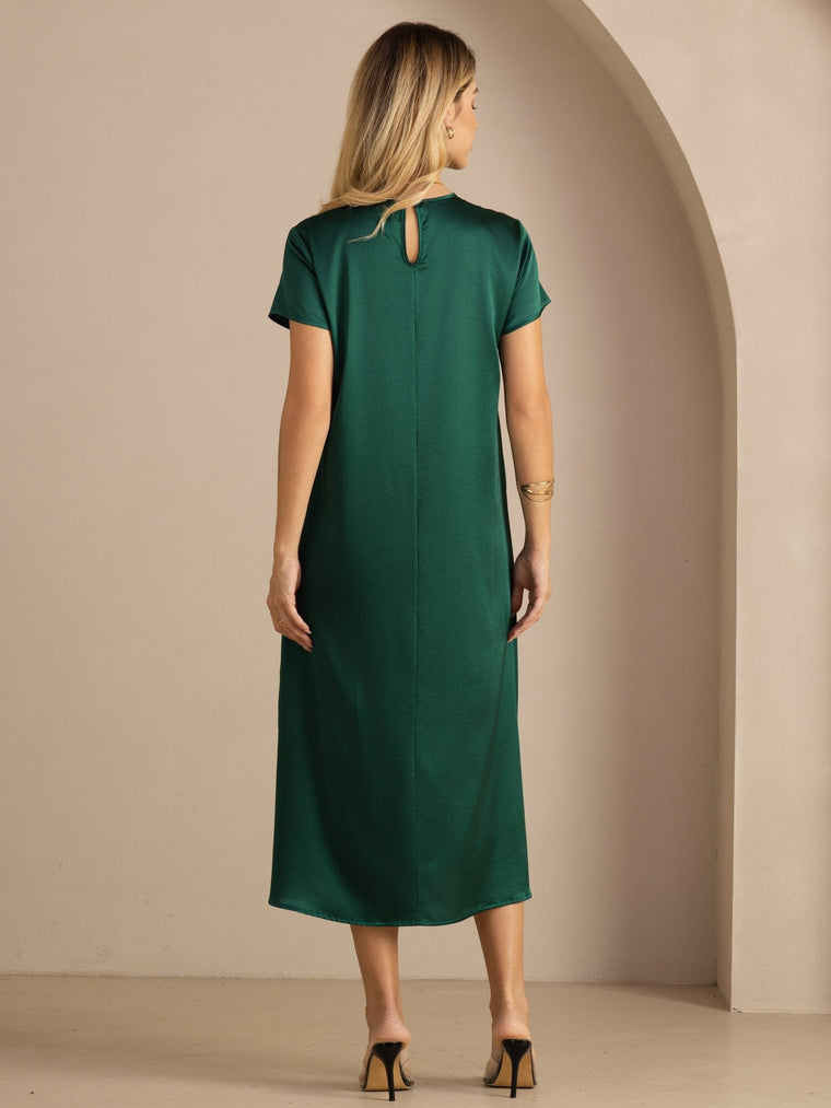 Women's 19Momme mulberry silk short sleeve crew neck midi dress in deep green with keyhole back.