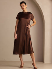 Bitter Chocolate 19Momme mulberry silk short sleeve crew neck midi dress with side pockets.