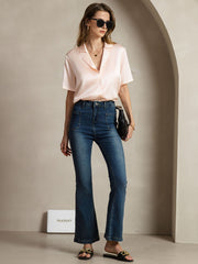 Women's pink 19Momme mulberry silk short sleeve notched lapel shirt with button-up design.
